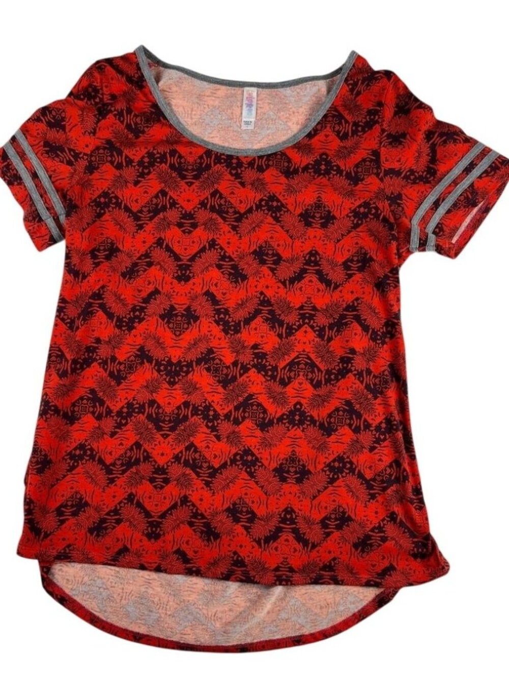 LuLaRoe Top Womens Large Orange Zigzag Print Short Sleeve Scoop Neck Hi Low Hem